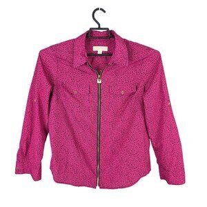Womens Michael Kors Pink & Black Full Zip Blouse 100% Polyester Long Sleeve L